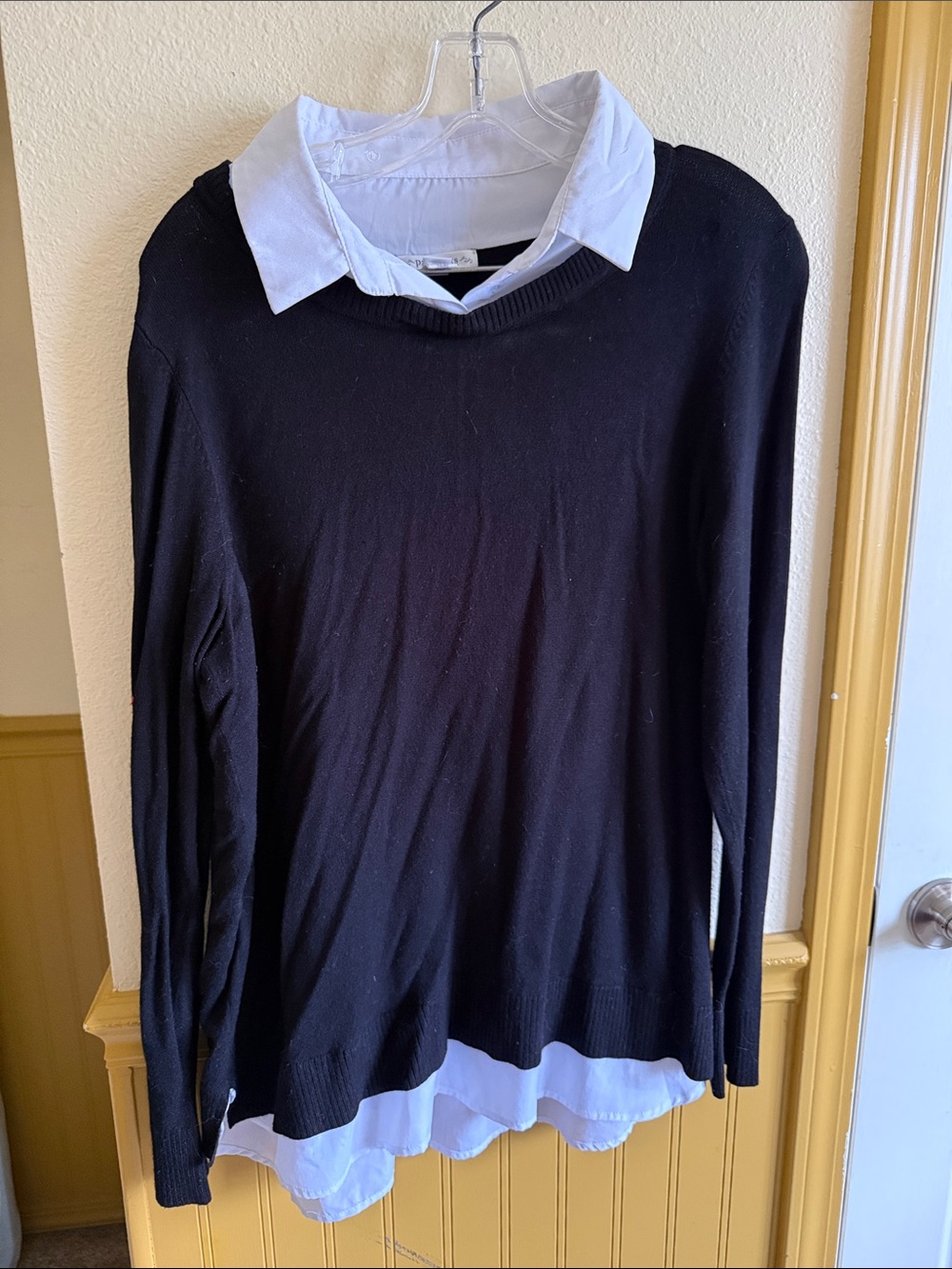 Passport Black Sweater with White Shirt-Layer Detail